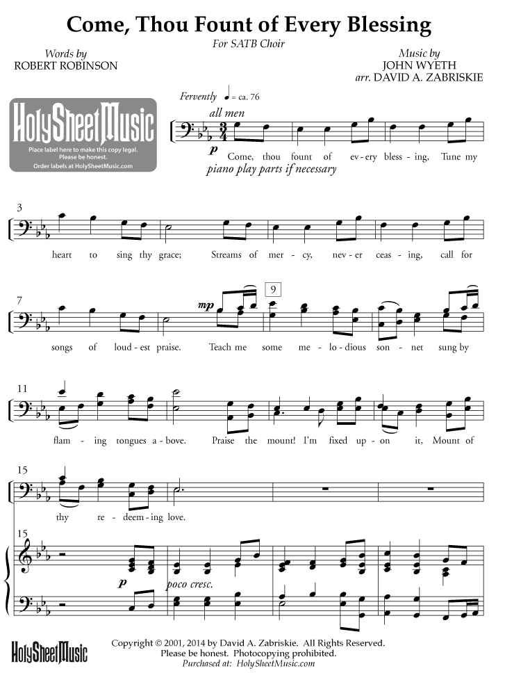 Come Thou Fount of Every Blessing (Zabriskie - SATB) - Holy Sheet Music.